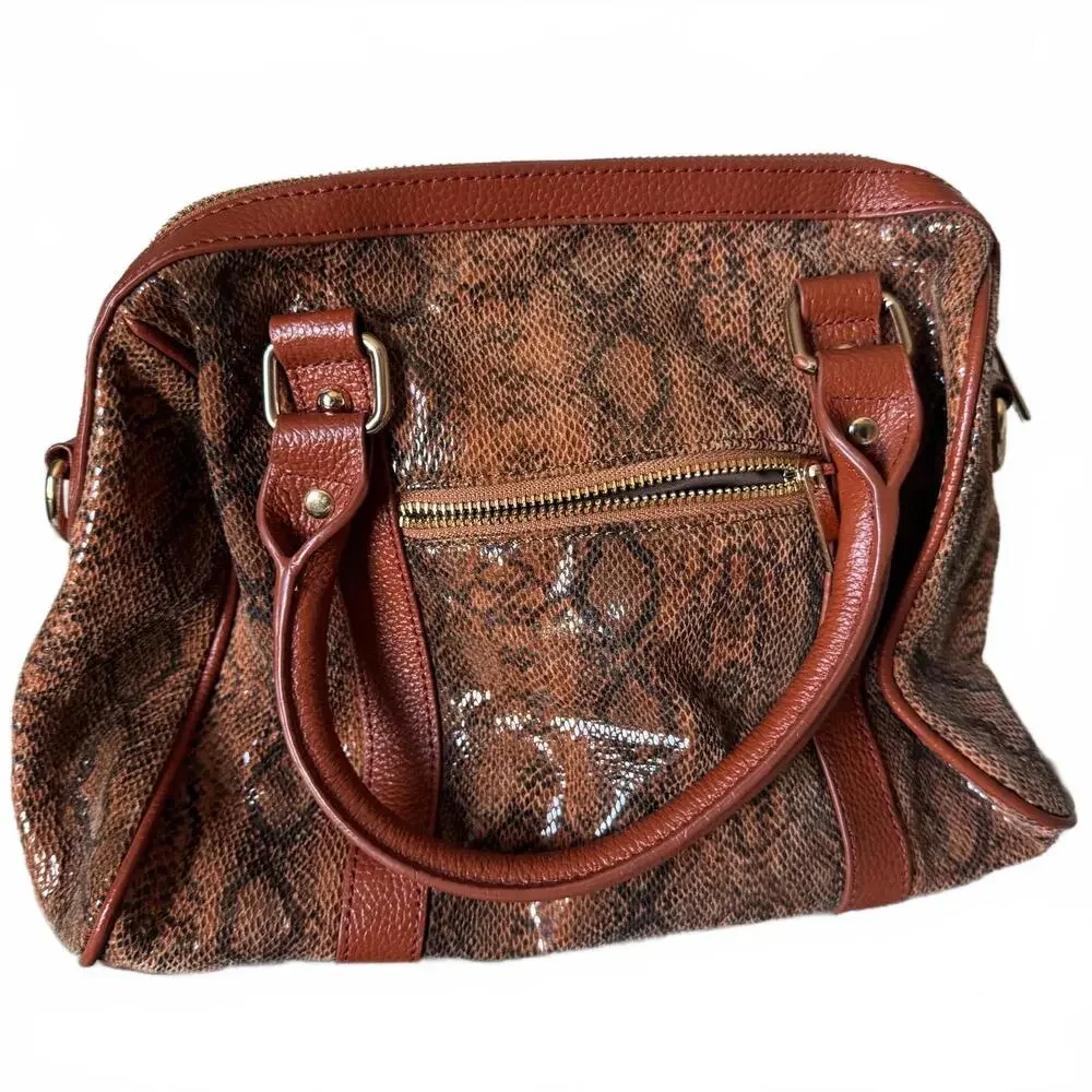 Terzetto Genuine Leather Zipper Satchel Bag, Crossbody Strap,‎ Snakeskin Pattern